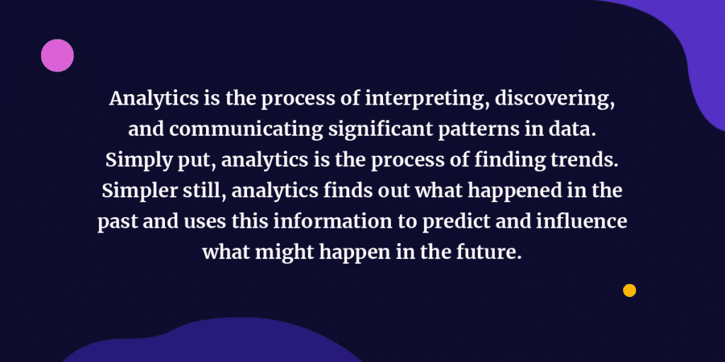 Analytics is the process of interpreting, discovering, and communicating significant patterns in data. Simply put, analytics is the process of finding trends. Simpler still, analytics finds out what happened in the past and uses this information to predict and influence what might happen in the future.