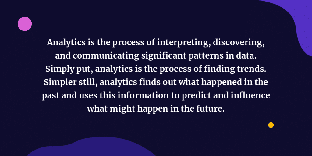 Analytics is the process of interpreting, discovering, and communicating significant patterns in data. Simply put, analytics is the process of finding trends. Simpler still, analytics finds out what happened in the past and uses this information to predict and influence what might happen in the future. 