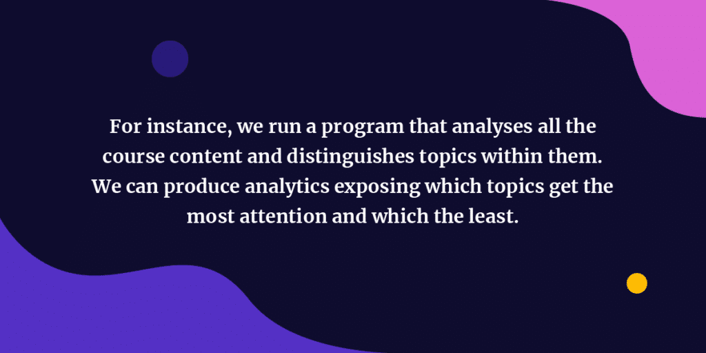 For instance, we run a program that analyses all the course content and distinguishes topics within them. We can produce analytics exposing which topics get the most attention and which the least.