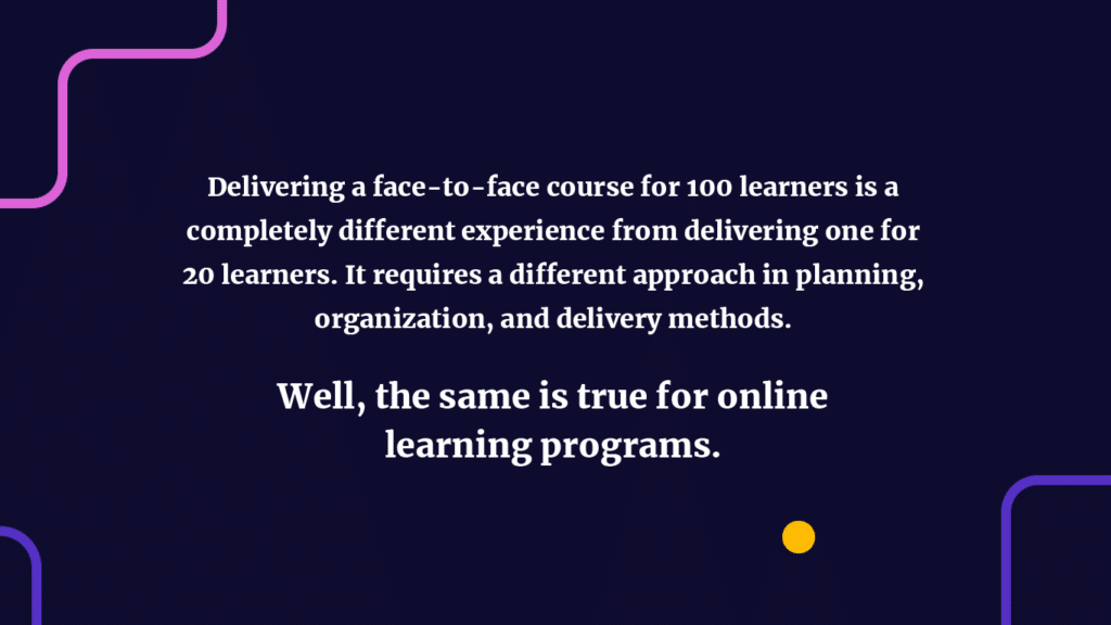 Delivering a face-to-face course for 100 learners is a completely different experience from delivering one for 20 learners. It requires a different approach in planning, organization, and delivery methods. 
Well, the same is true for online learning programs. 
