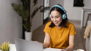 Young lady studying online